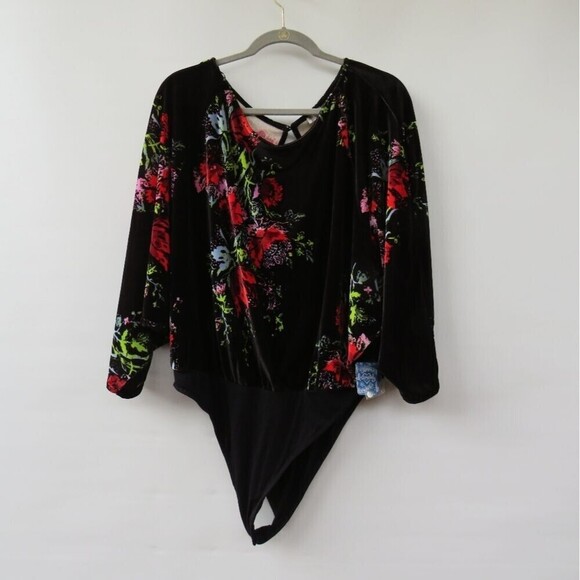 Free People Intimately Large Babe Slouchy Black Velvet Floral Blouson Bodysuit - Picture 1 of 15